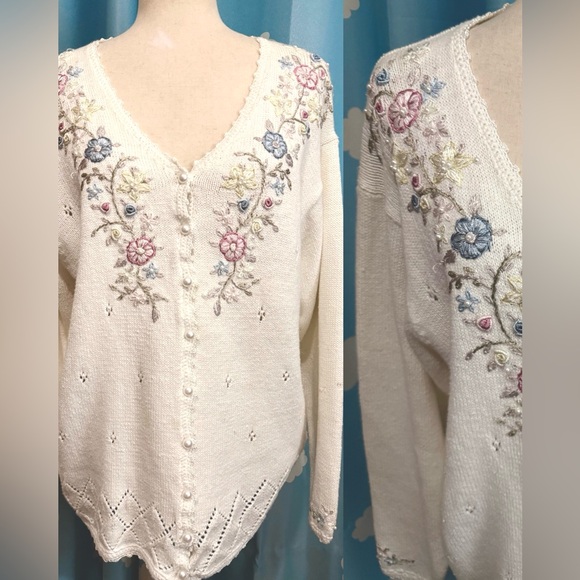 Cottagecore embroidered floral cardigan with pearl buttons-L - Picture 2 of 6